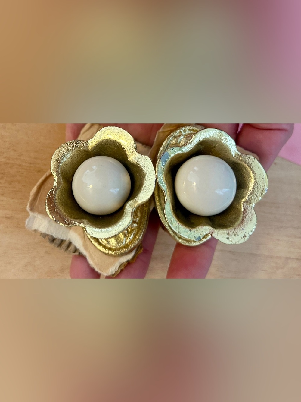 2 Ceramic Ball Knobs Adorned with Bright Gold Flowers & Embossed Oval Backplates